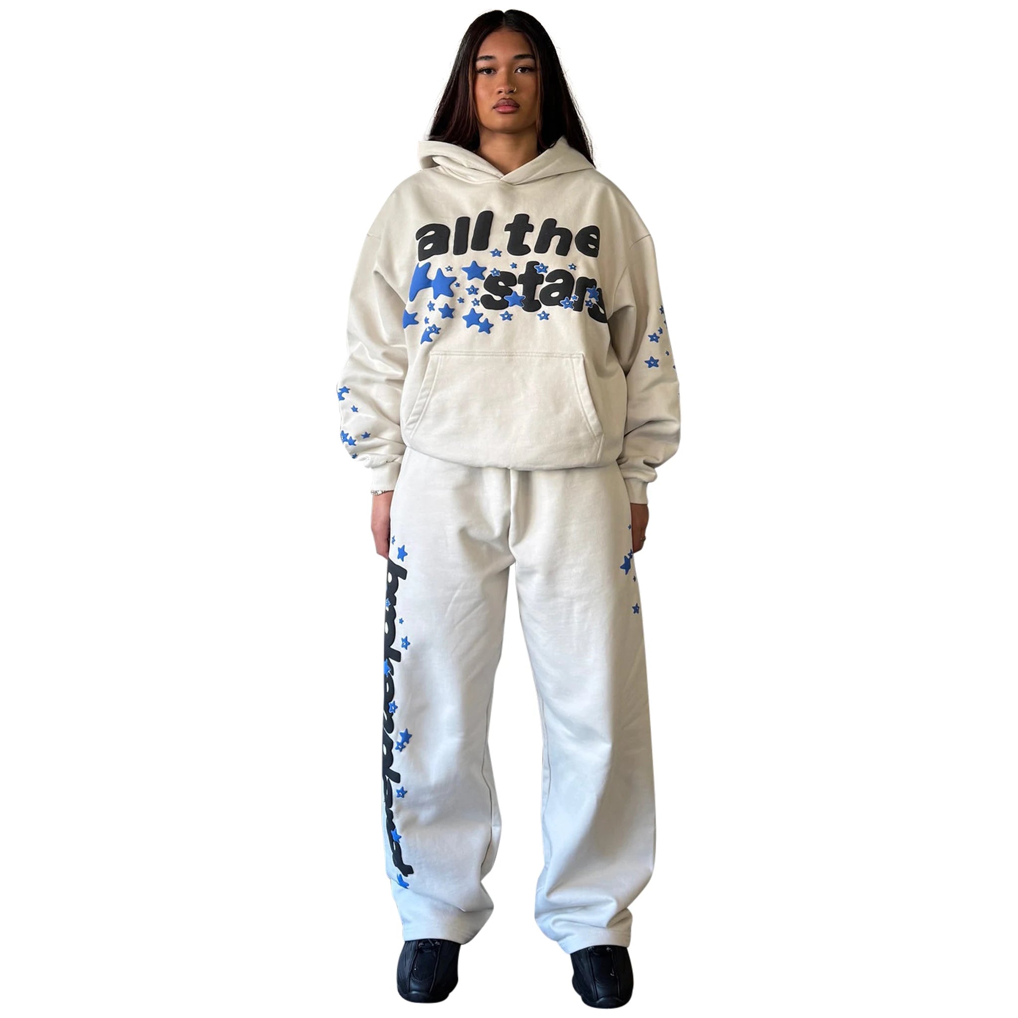 Model female front view of Broken Planet All The Stars Ivory White Hoodie BP-JAN25-HD-I_WHITE